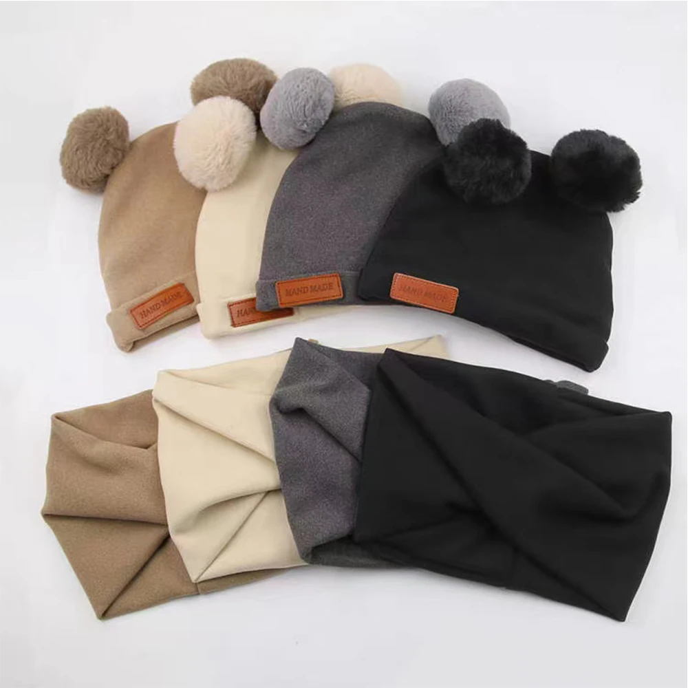 2Pcs/Lot Baby Turban Hats Faux Cashmere Pompom Caps Beanies Bonnets Scarf Cute Leather Stick Warm Autumn Winter Newborn Headwrap