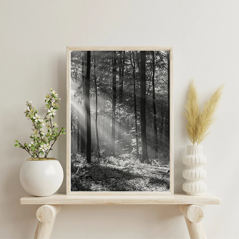 Black White Foggy Pine Tree Forest Mountains Posters and Prints Canvas Painting Wall Art Landscape Pictures for Room Home Decor