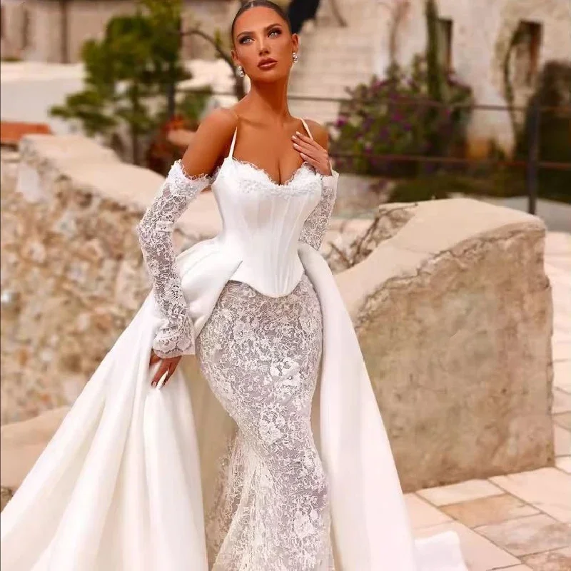 أنيقة الخامس الرقبة حورية البحر فستان الزفاف انفصال الذيل قبالة الكتف كم طويل الدانتيل فستان الزفاف فستان الزفاف الرومانسي مخصص