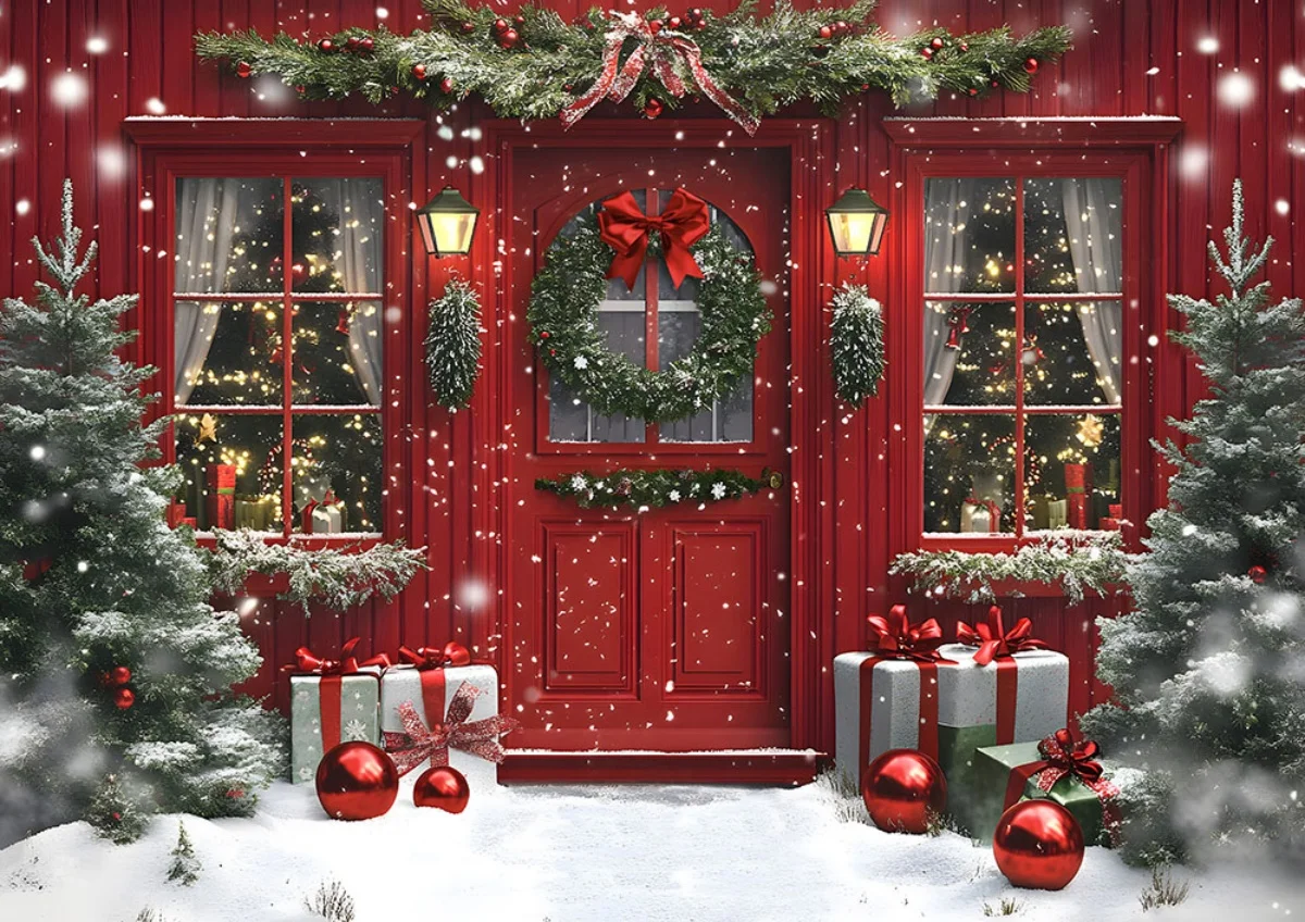 

Winter Christmas Photography Background Arch Door Xmas Tree Chic Wall Gift Indoor Decor Banner Kids Portrait Photocall Backdrops