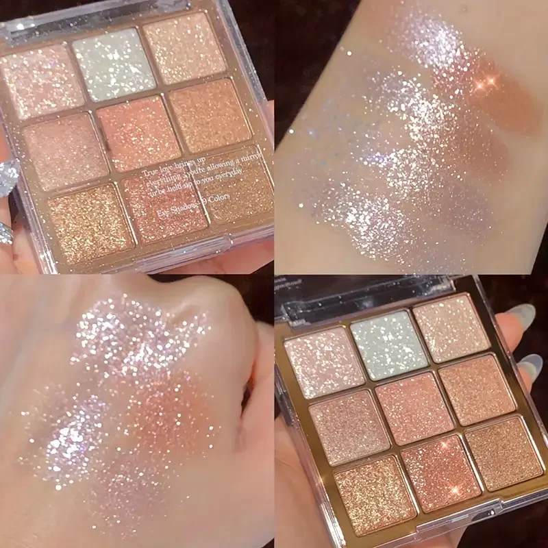 Palette di ombretti glitterati a 9 colori: tonalità rosa e rosa a lunga durata, finitura metallizzata, effetto opaco e glitter, alto pigmento a lunga durata, facile da sfumare rosa oro marrone