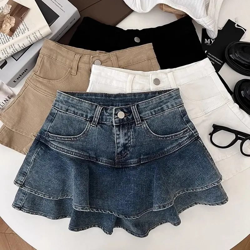 Design Double-layer Ruffle Edge High Waist Pleated Denim Skirt Anti-light Short Skirt for Women