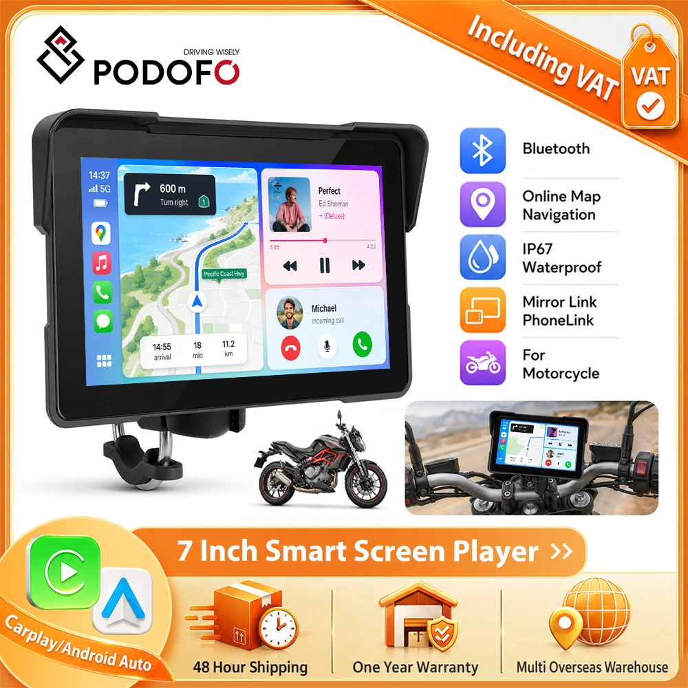 Podofo 7'' Bezprzewodowy Carplay Android Auto Nawigator GPS do motocykla, wodoodporny IP67, dźwięk EQ, odtwarzacz do jazdy na motocyklu, obsługa muzyki przez BT, połączeń, nawigator do jazdy, monitor.