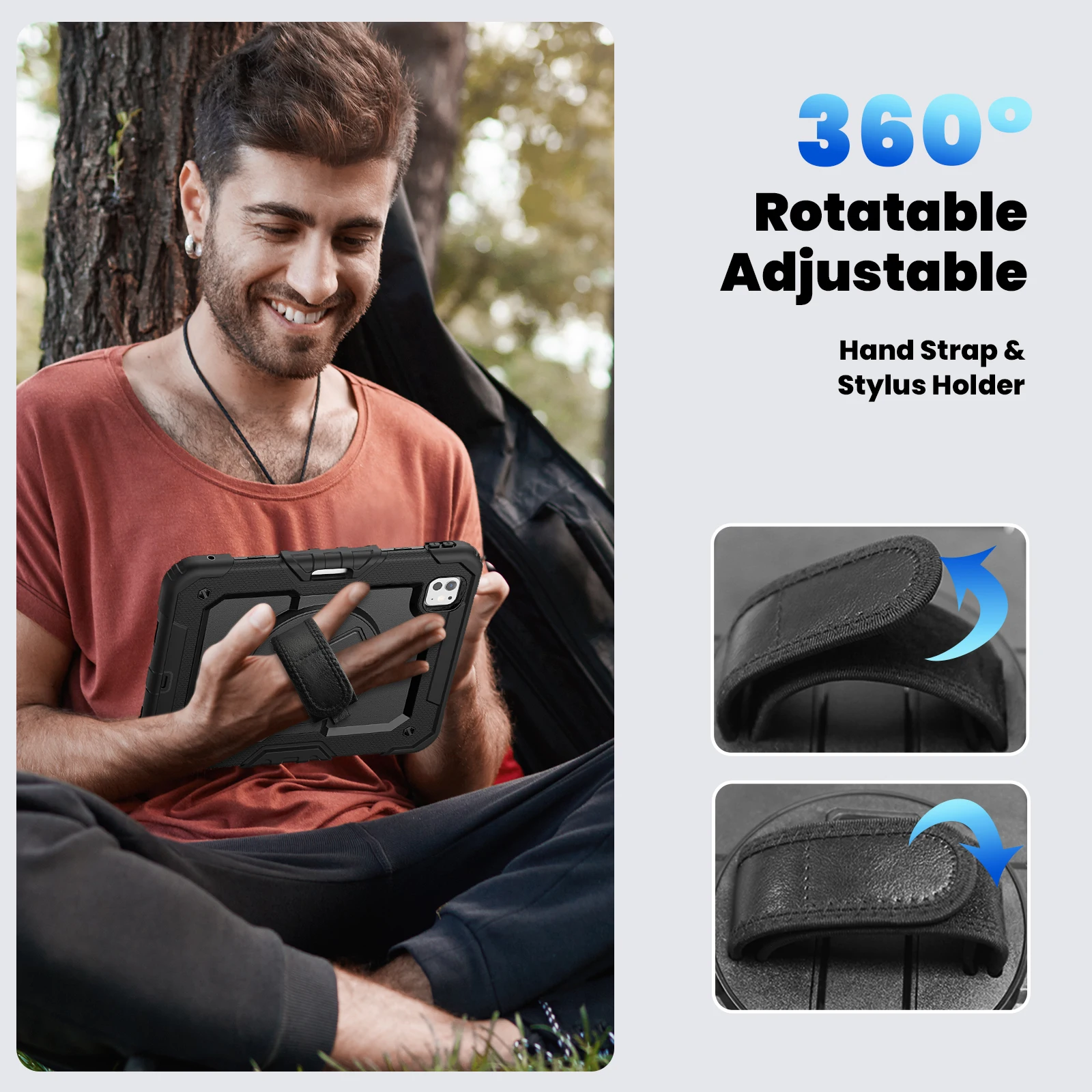 for iPad Pro11 M4 A2836 2024 , Military Grade Shockproof Protector Silicone Cover Pencil Holder+Handle Shoulder Strap