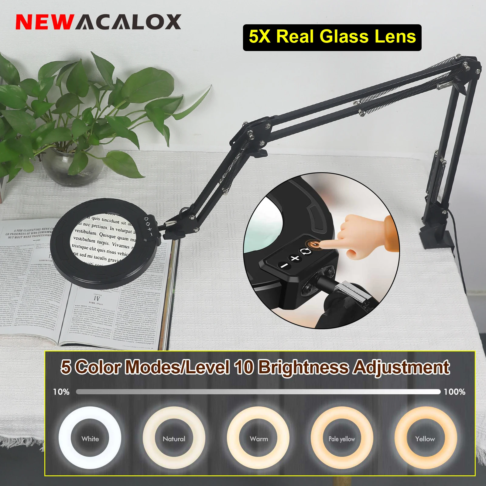 NEWACALOX 5X Real Glass Lens Magnifying Glass with 146 SMD LED Light and Table Clamp 5 Color Modes Stepless Dimmable Desk lamp