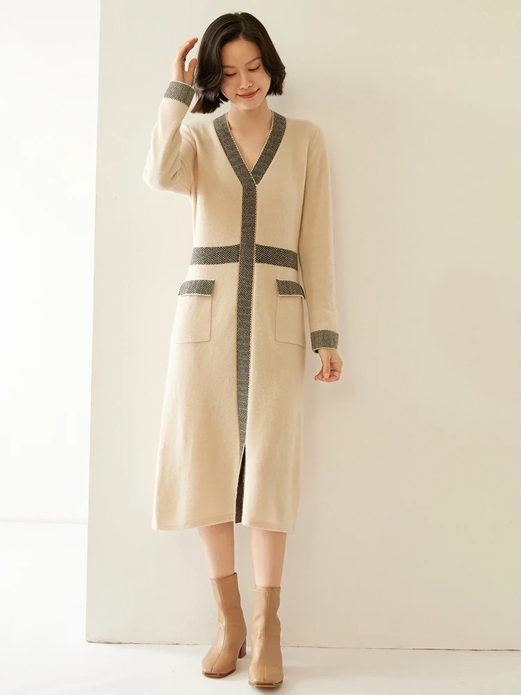 New Luxury Women's 100% Cashmere Dress Autumn Winter V-Neck Contrast Colar Sweater Long Dress Fit and Flare Thick Warm Knitwear