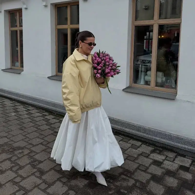 

Trendy Oversized Bomber Jacket Stylish Streetwear Goose Yellow Flight Loose Fit Casual Outerwear Fashionable Versatile Coat