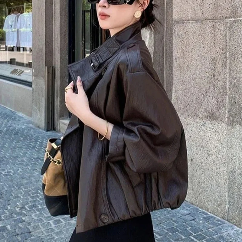 American Vintage Pu Leather Jacket Women Textured Loose Casual Cropped Coat Premium Spring Fall Stand Collar Street Outwear