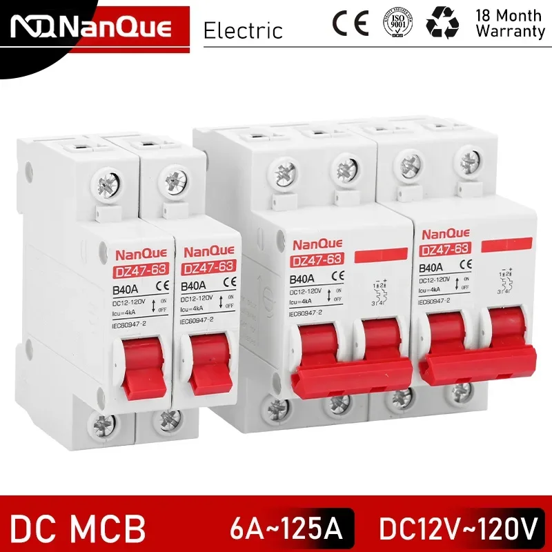 Dc mcb 12v 24v 48v 60v 110v disjuntor bateria proteger interruptor positivo negativo curto-circuito 2p 10a 20a 50a 100a 125a 150a