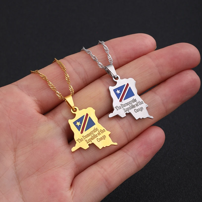 Africa Democratic Republic of the Congo Map Flag Pendant Necklace for Women Gold Color Stainless Steel Birthday Jewelry Gifts