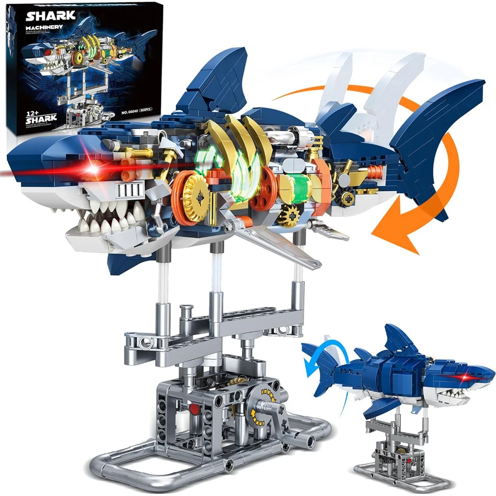 Shark Sea Life Building Blocks Set with Display Stand and Lights, Mechanical Shark Building Set, Block Gift for Kids and Adults