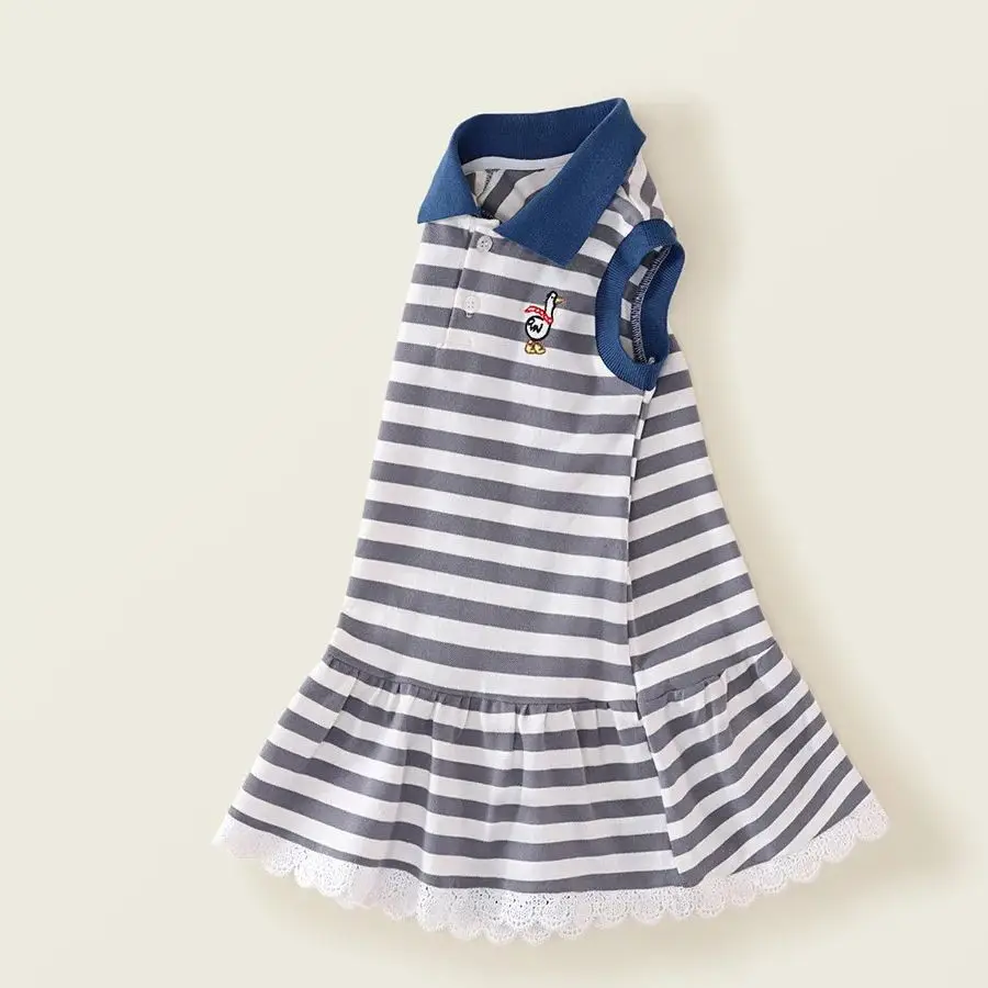 Blue Stripe Baby Girls Dress 2025 Summer Vest Dress Sleeveless Lapel Academy Style Children'S Casual Dress 2-7 Year Kids Costume