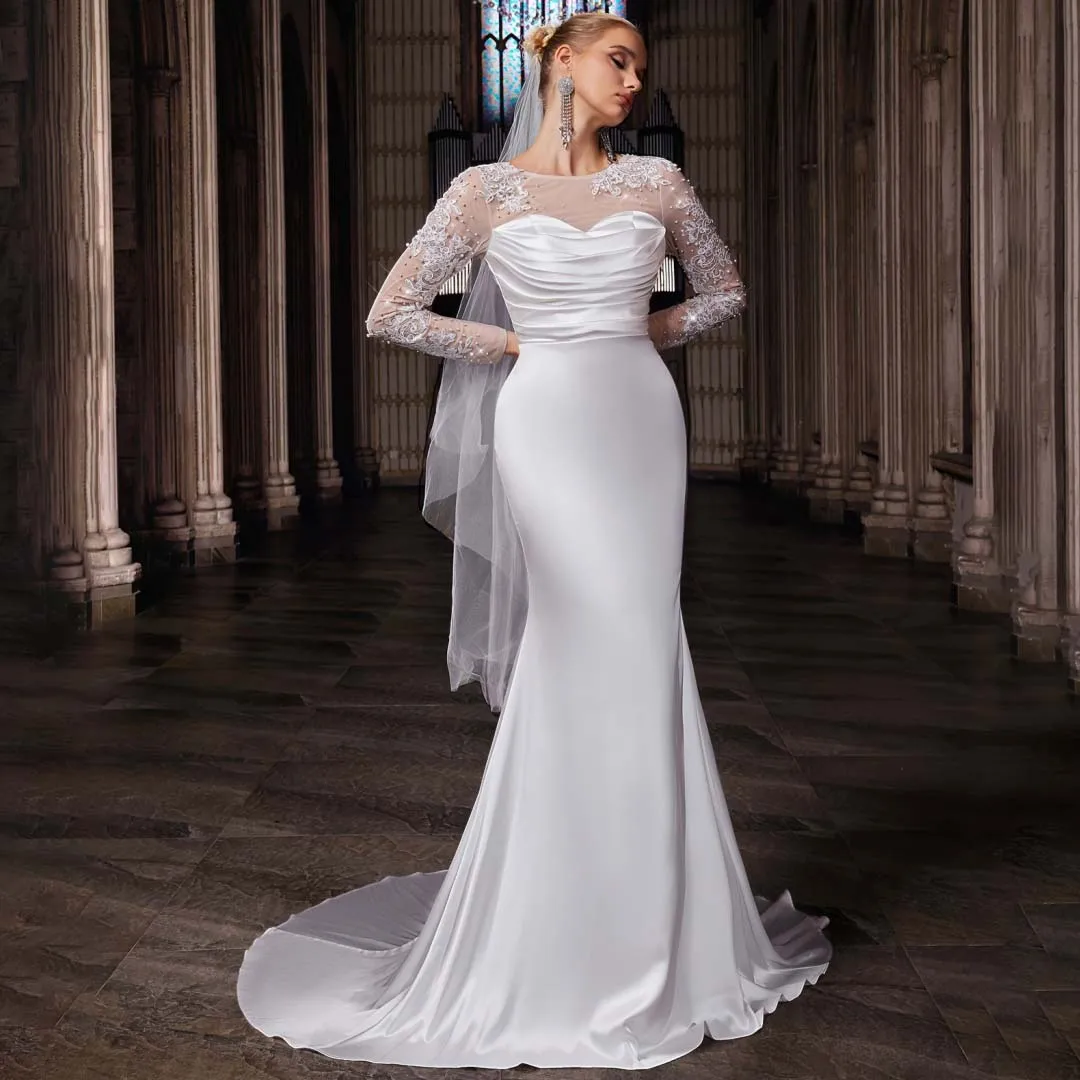 

Luxurious Satin Mermaid Wedding Dresses Long Sleeve Pearls Appliques Sequins Dazzling Church Marriage Gowns Elegant Bridal Dress