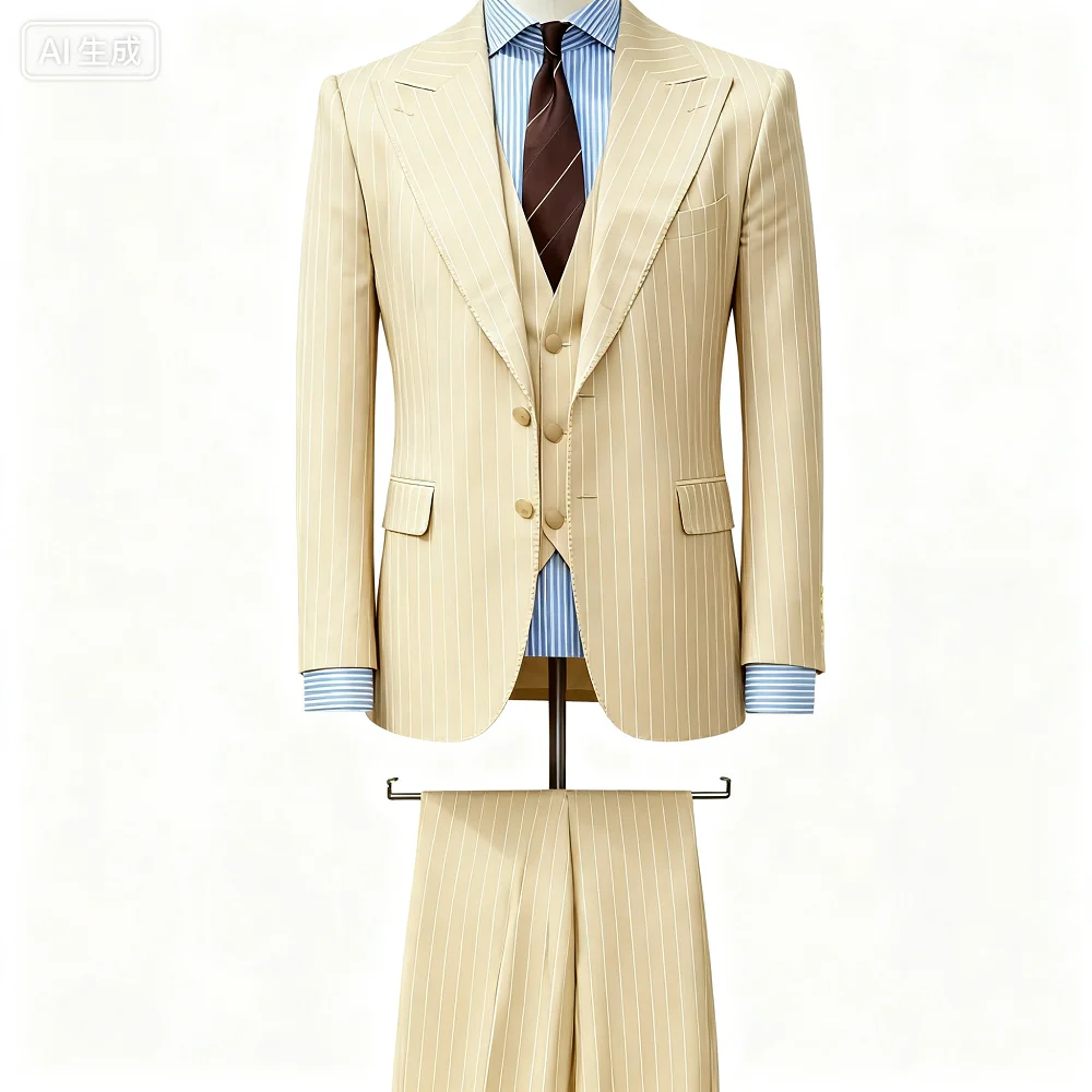 

High-Quality Three-Piece Striped Terno Art Wedding Jacket Single Breasted Pants Vest Men's Terno Suit
