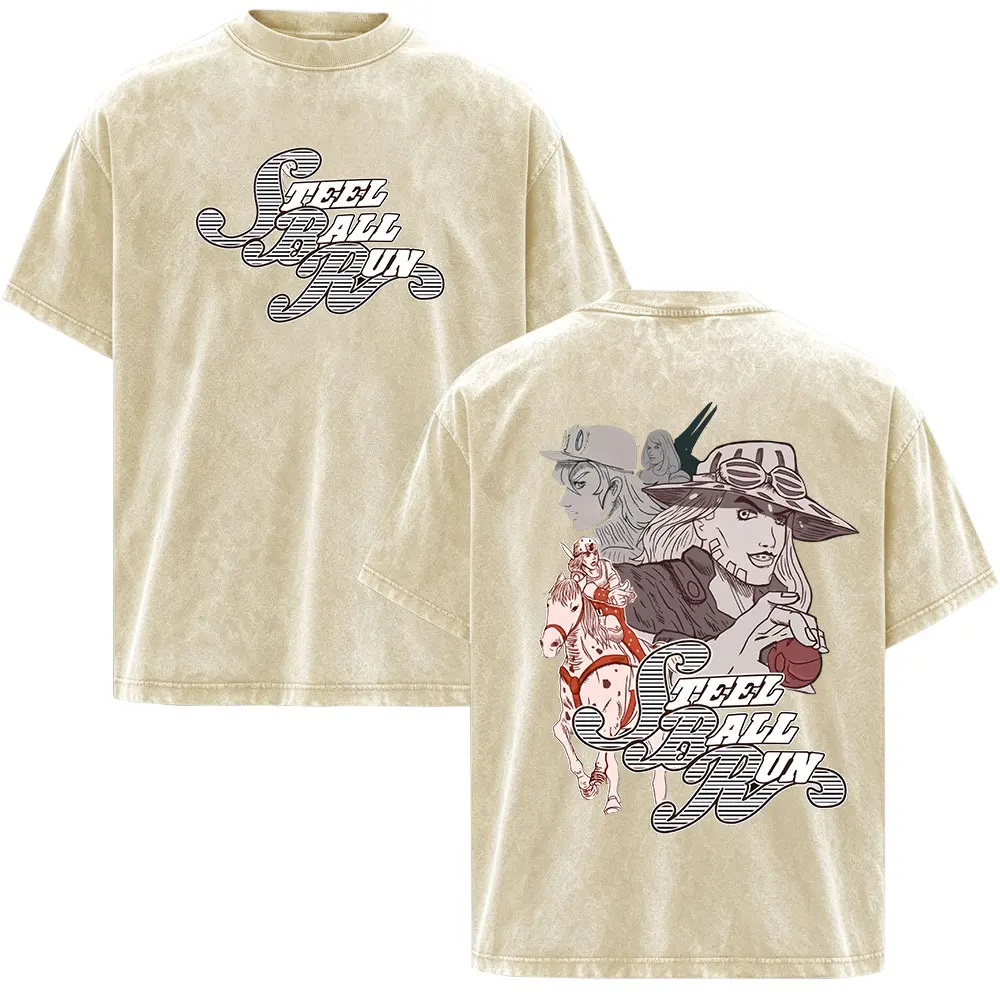 Japanese Anime Jojo Bizarre Adventure STEEL BALL RUN Vintage Washed T-shirt Men Women Clothing Oversized Short Sleeve T Shirts