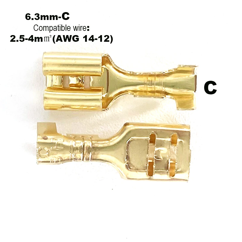 50/100/200/500 Pcs DJ622-D6.3B /A/B/C/D 0.3-4mm2 Quick Splice 6.3mm Female Wire Spade Connector 6.3 Wire Crimp Terminal