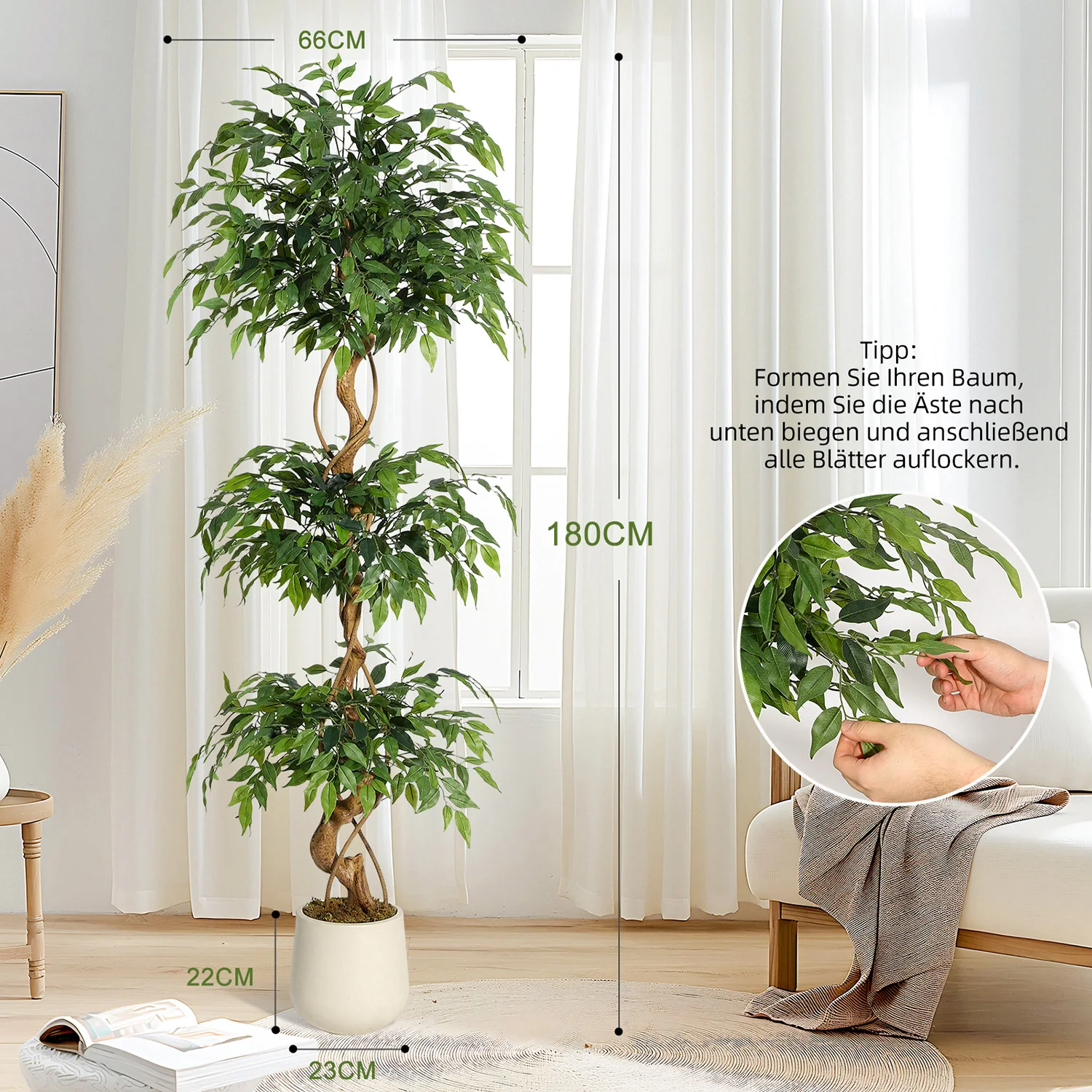 Realistischer künstlicher Ficusbaum mit gebogenem Stamm, lebensechte Kunstseidenpflanze im weißen Topf, dekoratives Innengrün für Zuhause und Büro. – Detail 6