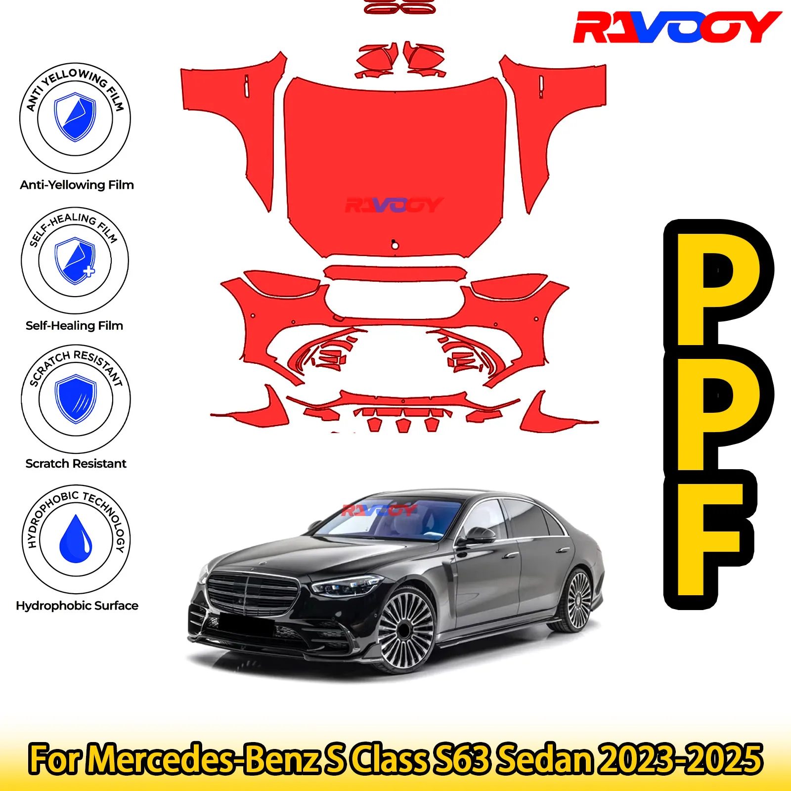 

For Mercedes-Benz S Class S63 Sedan 2023-2025 Glossy Matte Black Precut front PPF Kit Paint Protection Film