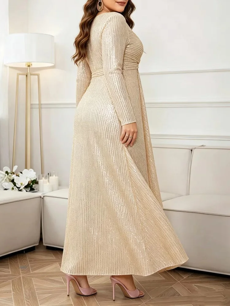 GIBSIE Plus Size V-Neck Long Sleeve Twist Front Sequin Dress Women Spring and Autumn Elegant Wedding Evening Party Long Dresses