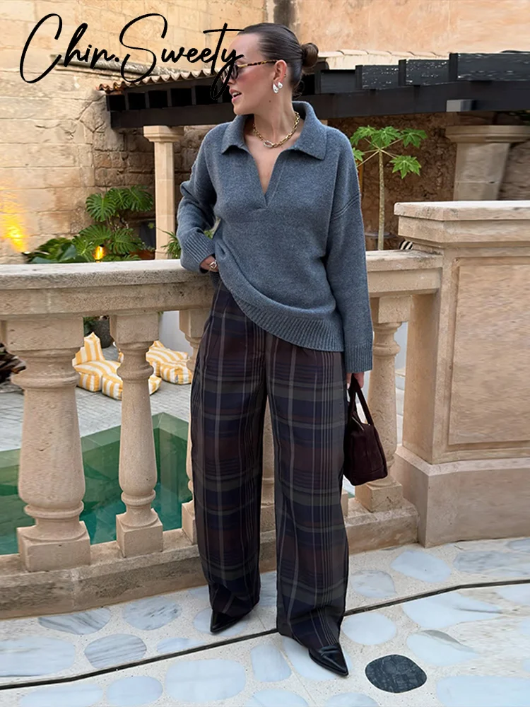 ชุดเซ็ตเสื้อเชิ้ตลายสก็อตสุดหรูสำหรับผู้หญิง แฟชั่นเสื้อคอโอ แขนยาว จับจีบ พร้อมกางเกงขายาวทรงตรง  ชุดฤดูหนาว-ฤดูใบไม้ผลิ 2025 สำหรับสุภาพสตรี