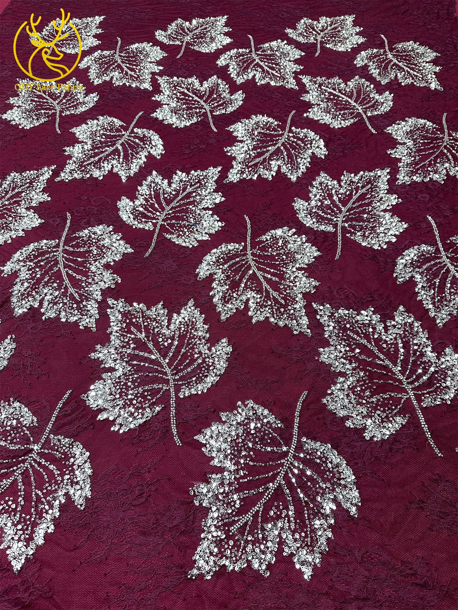 Weinroter afrikanischer bestickter Perlen-Spitzenstoff, 5 Yards, französisches Blattmuster, Pailletten-Tüll-Spitzenstoff für Hochzeits- und Partykleider – Detail 9