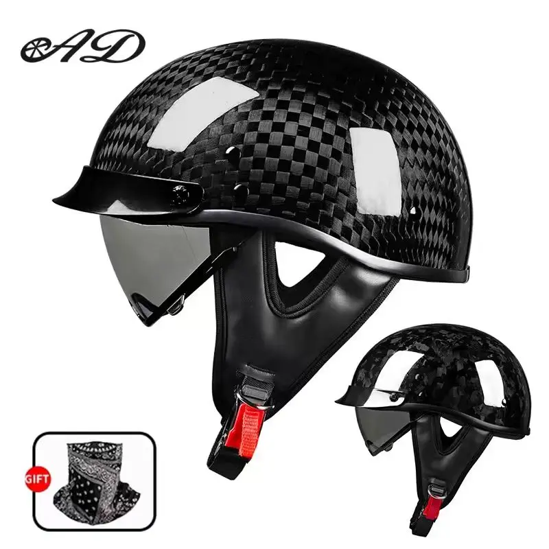 

﻿ Лидер продаж: Ретро-мотошлем-полумаска из карбона с комфортной подкладкой и защитными очками. Оптовая продажа напрямую с завода.