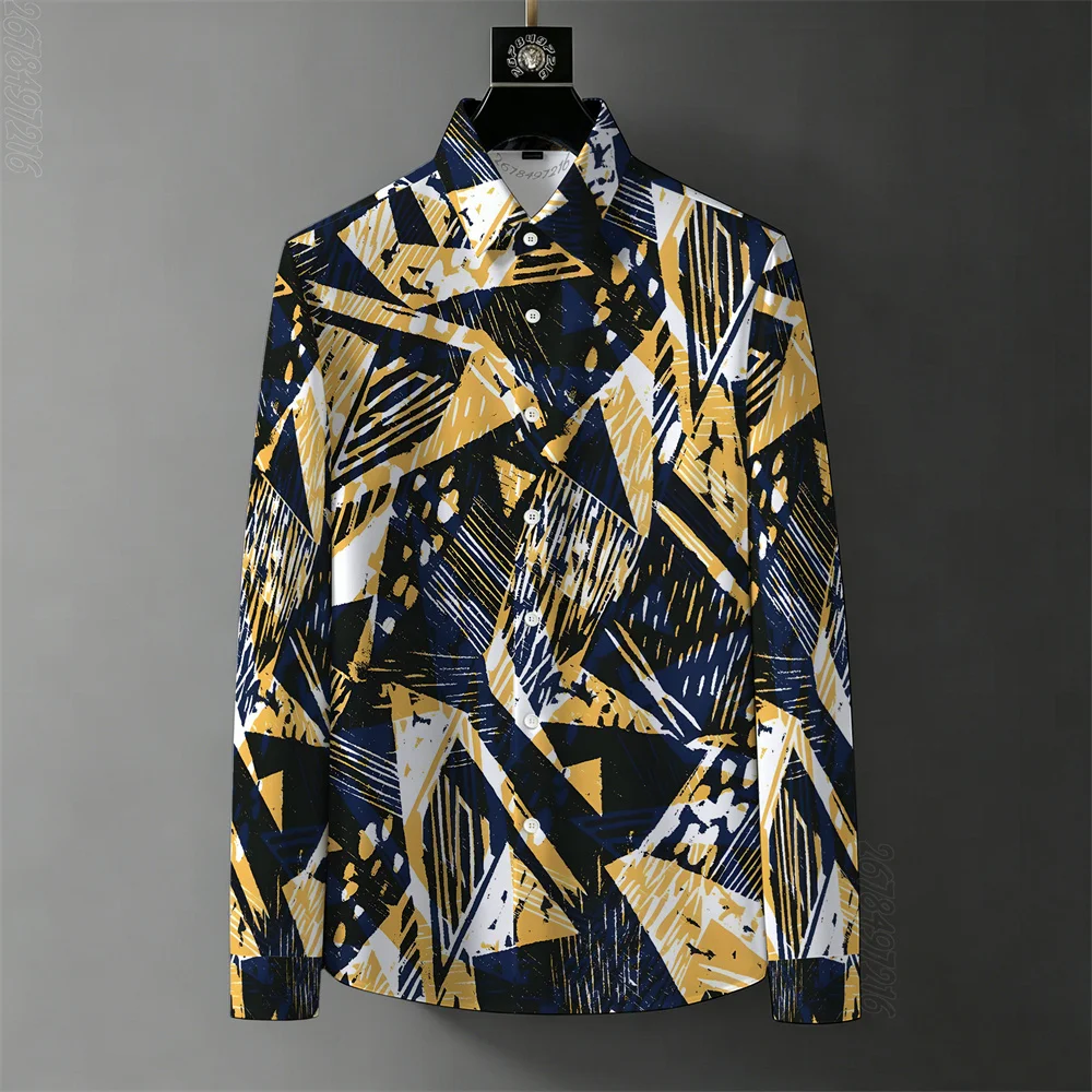 

Streetwear style men's long-sleeved shirt, retro geometric graffiti print, casual and fashionable wrinkle-resistant top