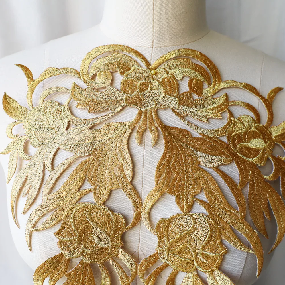 Large Embroidery Baroque Gold Flower Applique Fabric Collar Sew Iron Patch Wedding Bridal Gown Dress DIY Clothes Decor Crafts