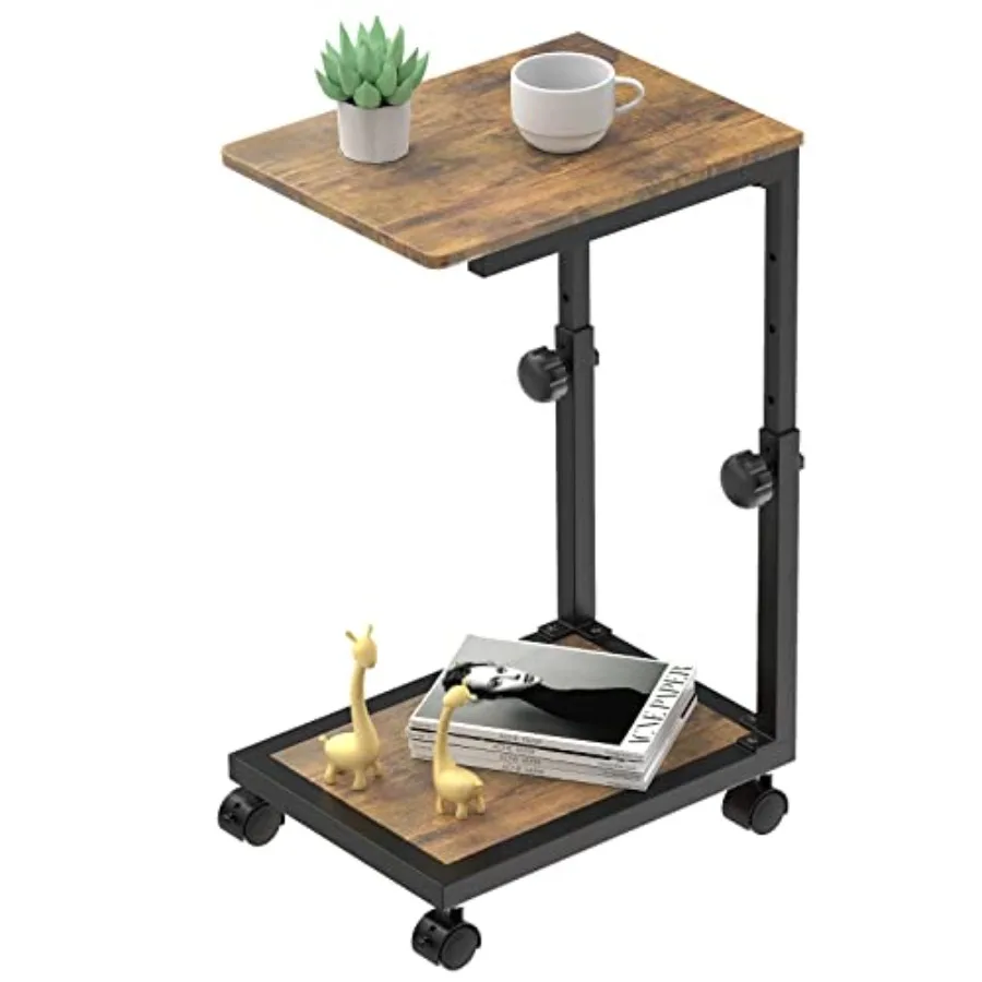 

C Shaped End Table with Rolling Wheels Height Adjustable Sofa Side Table for Small Space Bedroom Industrial TV Tray Couch Table