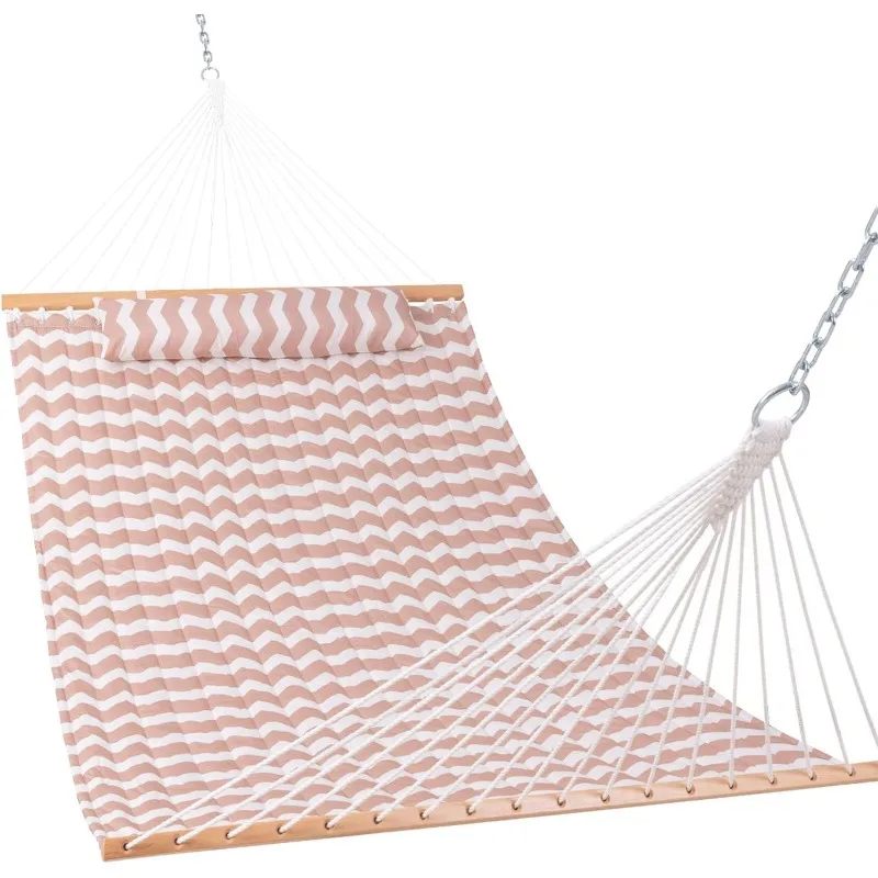 12 FT Quilted Fabric Double Hammock with Spreader Bars and Detachable Pillow,2 Person Hammock for Outdoor Patio Backyard