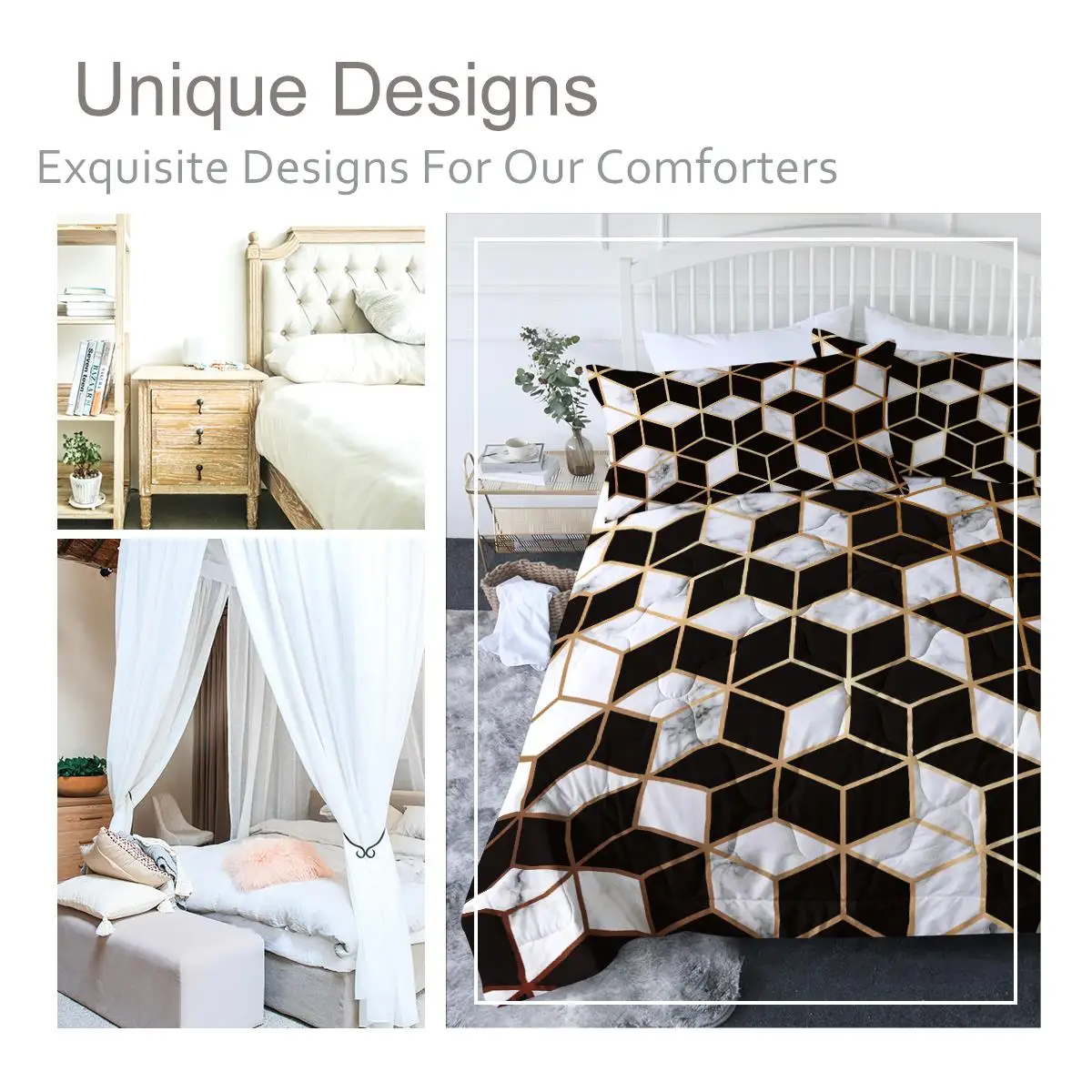 3PCS Comforter Geometric Cube Bedding Set Queen Size Black for White Gold Reversible