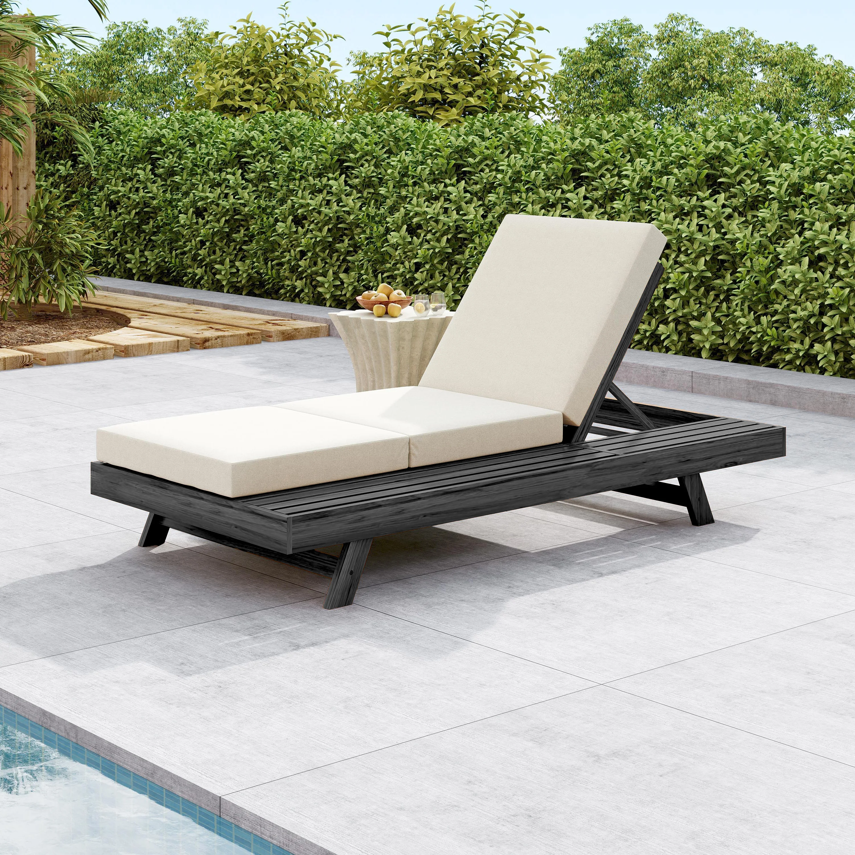 # Modern Design Acacia Solid Wood Lounge Chaise Set With Black Cushion (Cream Triple Fold) & Dark Grey Option Outdoor Use view 2