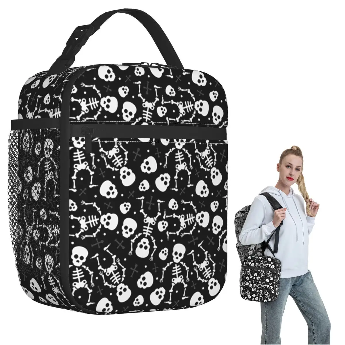 Skull Floral Rose Thorn Gothic Insulated Lunch Bag for Women Children Portable Food Boxes Thermal Lunch Box Tote