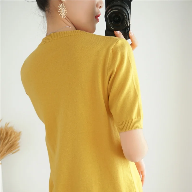 100% cotton short sleeve 2023 summer new women\'s round neck pullover loose solid color top casual fashion women\'s T-shirt