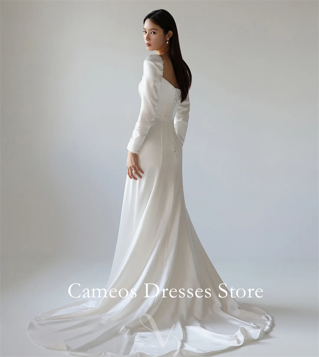 Sondr personalizado pescoço quadrado mangas compridas vestidos de casamento simples sereia cetim espartilho coreia vestidos de noiva feminino