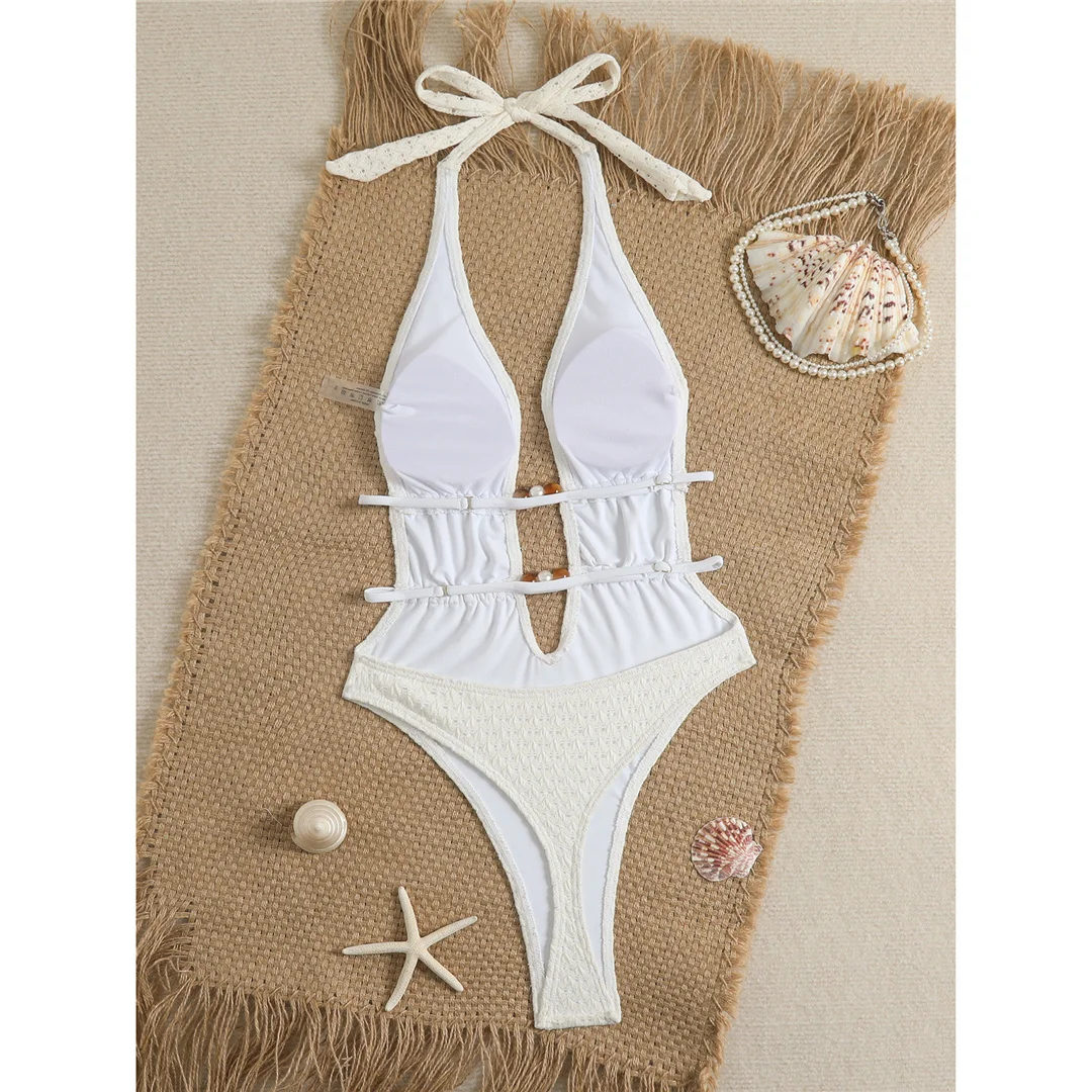 Tiefes V-Ausschnitt-Design, trägerloses, rückenfreies Einteiler-Badeanzug für Damen, Monokini mit hohem Beinausschnitt, gepolstert, Badebekleidung, Badeanzug, Modell V8028. – Detail 6