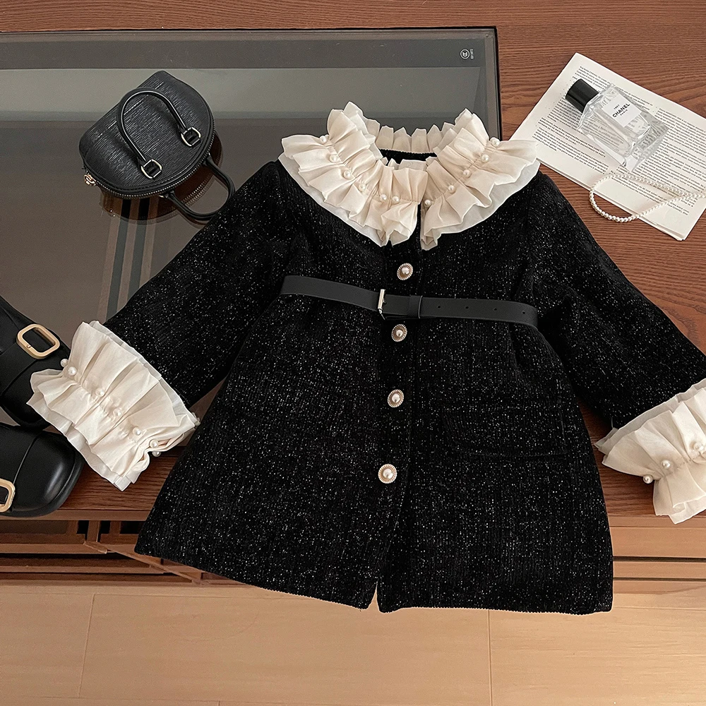 

Elegant Children Black Dress Coat Girl's Black Autumn Winter Princess Ruffles Collar Beading Sleeved Single Breasted Outwear