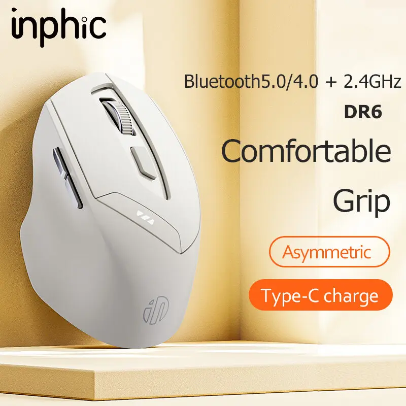 INPHIC DR6 BluetOoth 5.0 Wireless Mouse Rechargeable 2.4 Tri-Modes 1600dpi Mute Mouse For IPad Laptop Desktop  Android