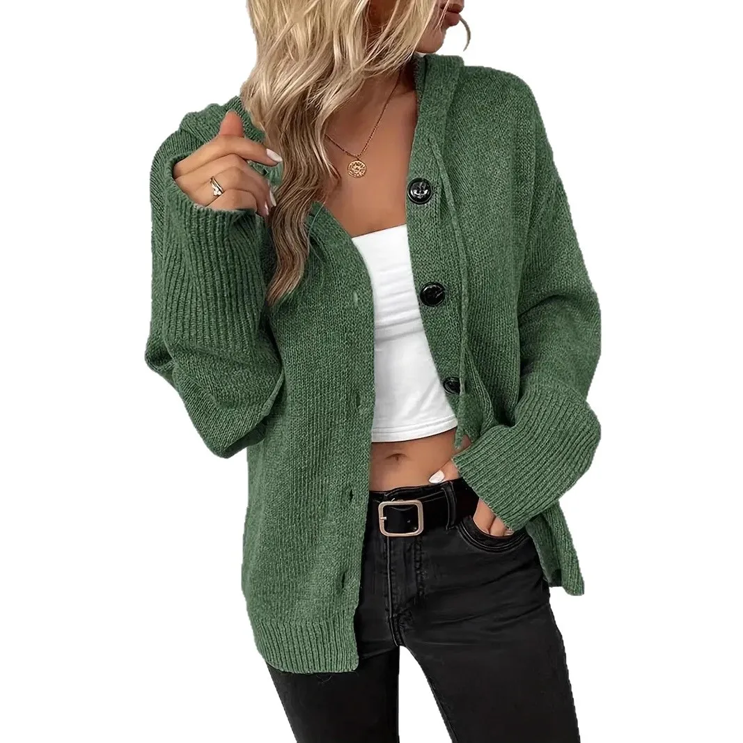 

Women's Solid Color Hooded Single-breasted Sweater New Autumn and Winter Style Drawstring Knit Cardigan Coat for Women