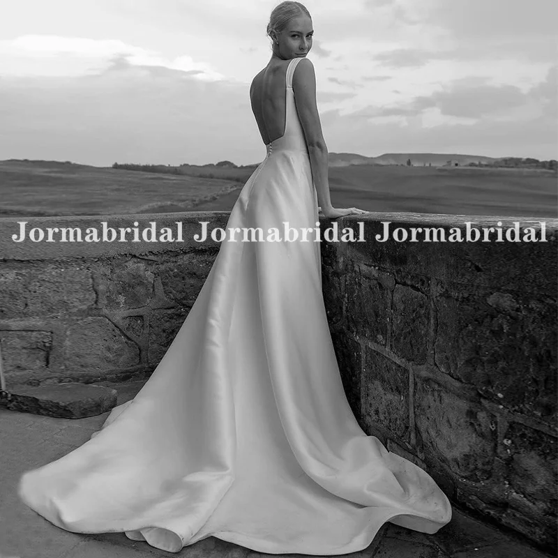 Open Back Satin Wedding Dress with Straps Simple A-line Beach Vestidos Bridal Gowns Made to Measure Women Lawn Wedding Gown