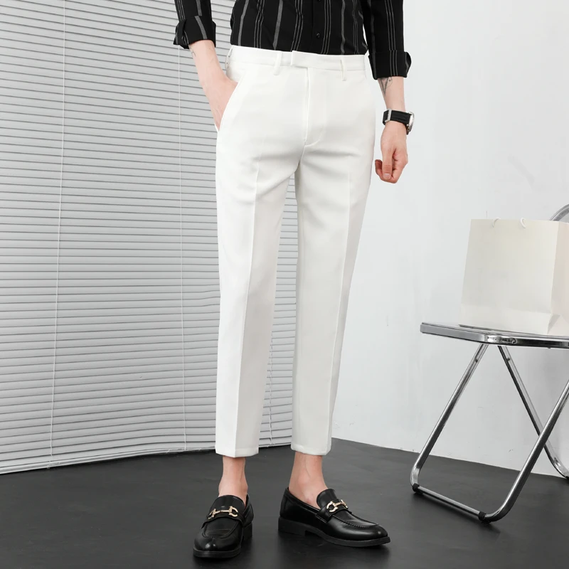 Summer New Solid Color Business Casual Pants Men Slim Fit Social Suit Pant Formal Office Ankle Length Trousers Streetwears 36-29