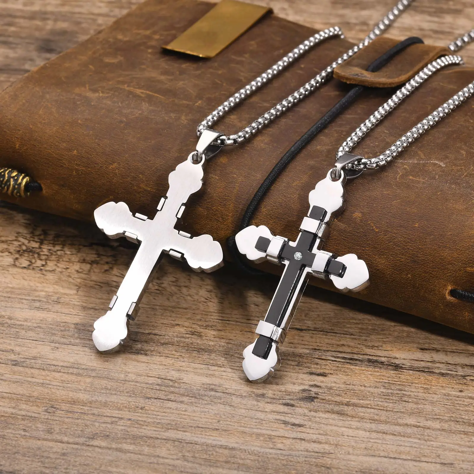 

Mprainbow Stainless Steel Cross Necklaces for Men Boys,White Stone Two Tone Double Layered Cross Pendant, Faith Jewelry