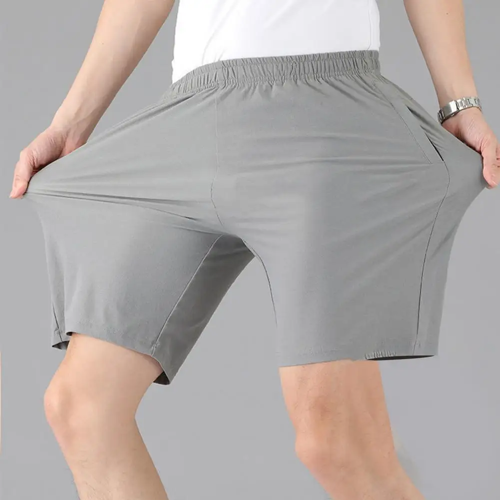 Men Shorts High-Waist Zipper Pockets Wide Leg Solid Color Breathable Sports Shorts Ice Silk Loose Casual Fitness Running Shorts