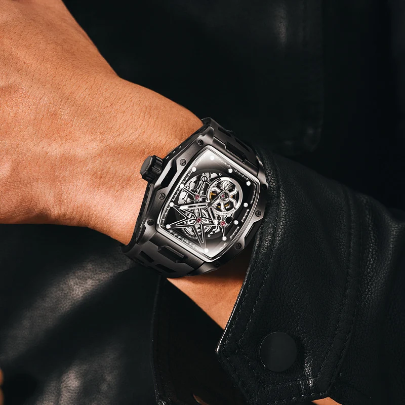 دانيال جورمان DG8166 ساعة أوتوماتيكية هيكل عظمي برميل حافظة سيليكون حزام مضيئة مقاوم للماء ساعات آلية رياضية للرجال