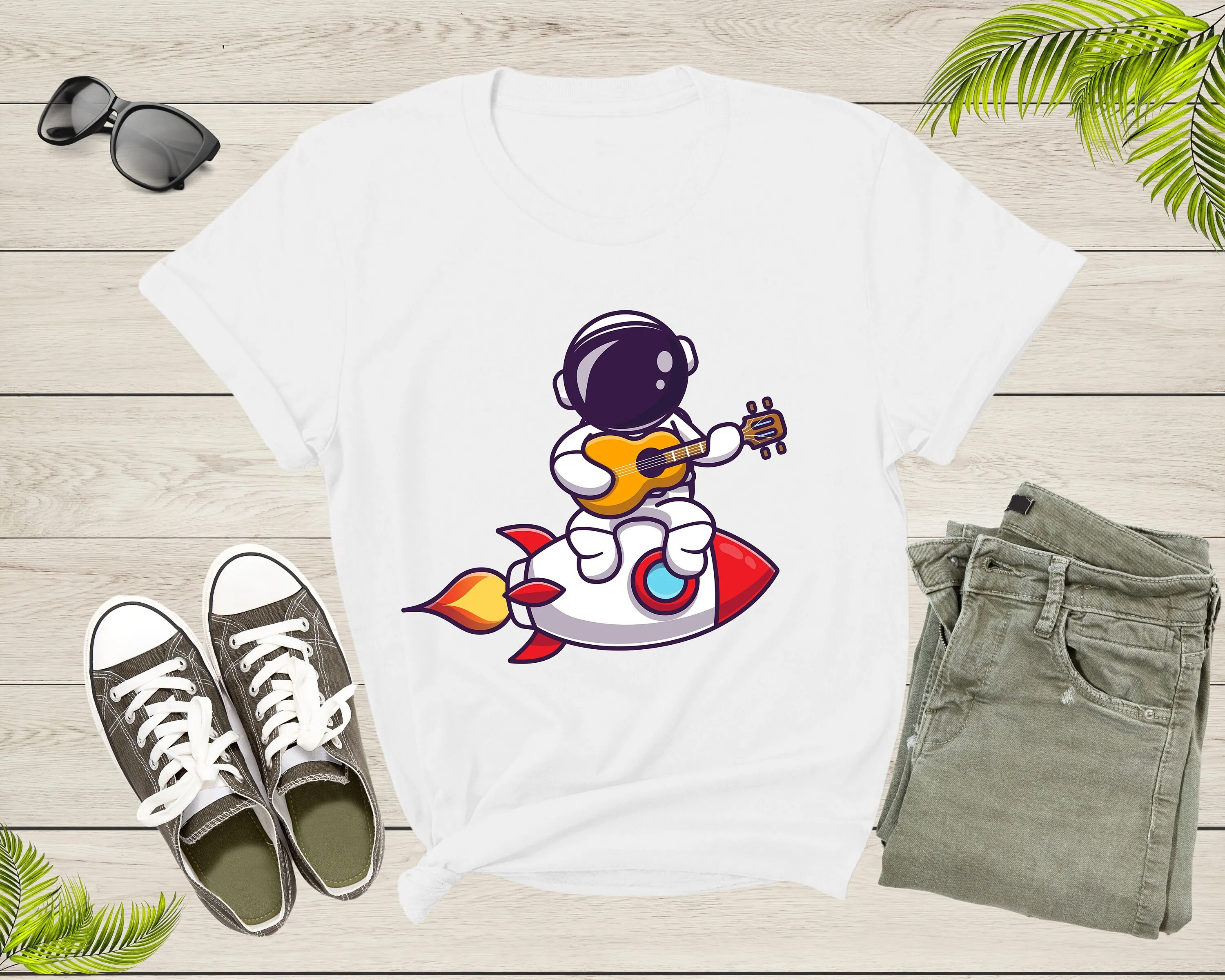 Astronaut Space Lovers Guitarist Spaceman Rocket Adult Kids Boys Girls T Shirt Birthday Present