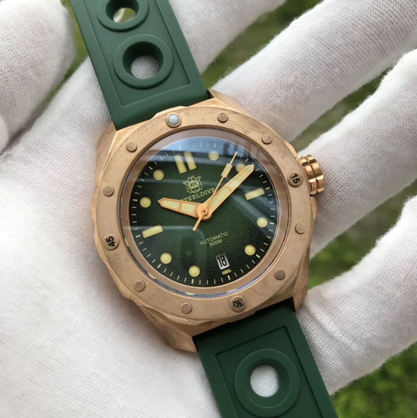 STEELDIVE Mens Automatic Watch 46MM Bronze Military Mechanical Wristwatch Diver 50ATM Waterproof C3 Luminous Sapphire NH35