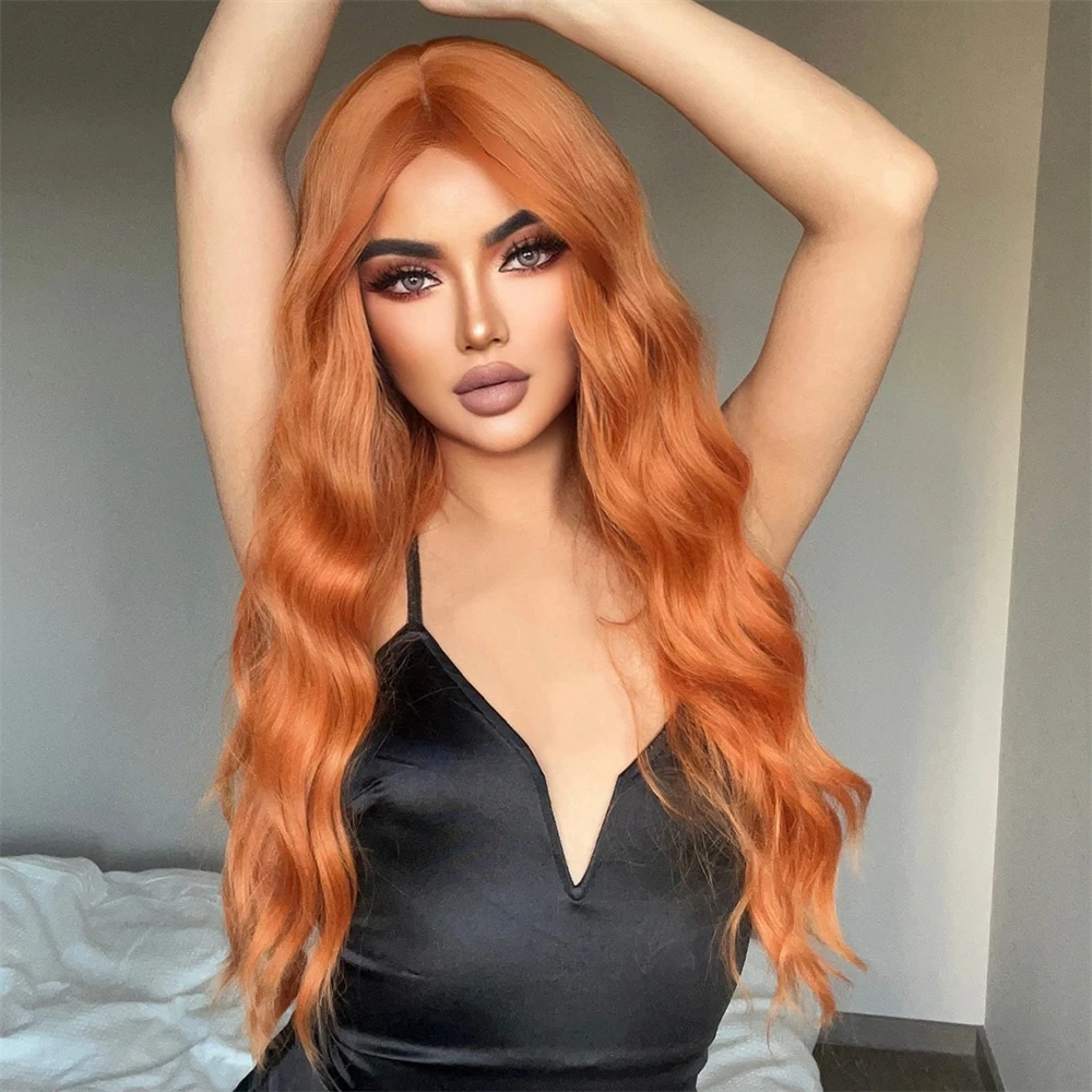 Copper Ginger Orange Long Water Wave Synthetic Wigs with Bangs for Women Cosplay Party Curly Wave Hair Wig Heat Resistant Fiber