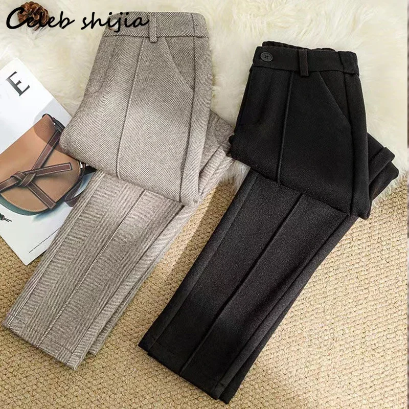 Black Woolen Pants Women Autumn Winter  High Waisted Harm Pants Ladies Office Business Bottoms Women's Trousers Work Chic