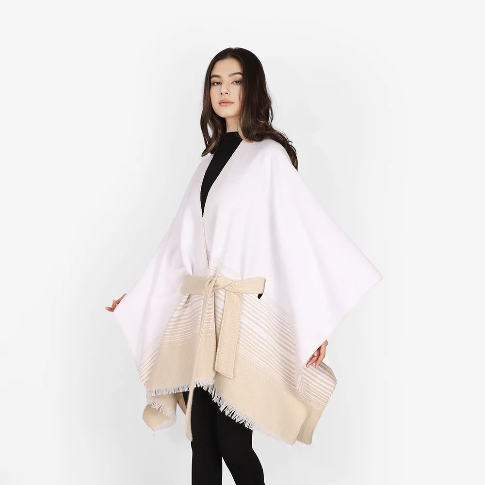 

Весенне-осенняя новая минималистичная шаль с женской утолщенной шалью и высококачественной накидкой на талии, полосатая двусторонняя шаль