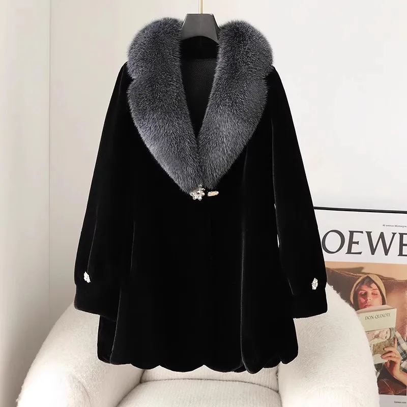 Winter New Korean Fur Coat Women Fashion Elegant V-Neck Mid-Length Imitation Fox Hair Mink Fur Jacket Female Outerwear Tide W678